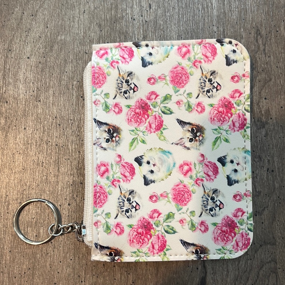 Rose and cat card holder keychain